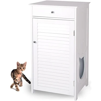 Afbeelding van WONDERMAKE® Grote kattenkast houten voor kattenbak kattentoilet, XL dressoir kastje met schuiflade, Designer kattenhuis kattenhol kattenbakkast, Kasten kast katten binnen hoog, 51 x 46 96 cm, Wit
