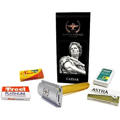 Afbeelding van Roman Empire Shaving Caesar Gold Tweedraads scheerapparaat, klassiek veiligheidsscheerapparaat van staal met 20 scheermesjes (Astra derby Shark Treet)
