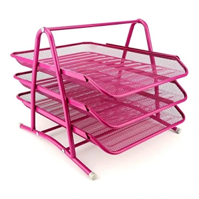 Afbeelding van Leviatan Metalen opbergvakken, bureau organizer, schuifladen voor documenten, 3 laden, brievenbakje, documenthouder, A4 mesh, opbergsysteem kantoor, roze