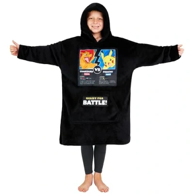 Afbeelding van Pokemon Pikachu Charizur Trui voor kinderen, oversized fleece sweatshirt, warme plaid poncho, jongeren, eenheidsmaat (Zwarte Charizard/Pikachu)