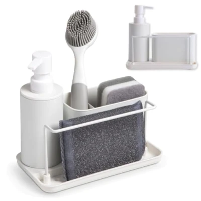 Afbeelding van Kook Time Spoelbakorganizer en afwasmiddeldispenser, keukenset, zeepdispenser met sponshouder afwasborstelhouder, ideaal voor keukenspoelbak, wit, 21 x 12 19 cm.