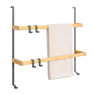 Afbeelding van eluno Hangende deurrek van metaal en bamboe, handdoekhouder met 2 handdoekstangen, 4 praktische haken, om op te hangen zonder boren (grijs)