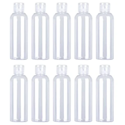 Afbeelding van Set van 10 reisflessen, 100 ml, lege transparante flipcap, flessen, kunststof reisflessen met etiketten voor shampoo, conditioner, lotion, toiletartikelen