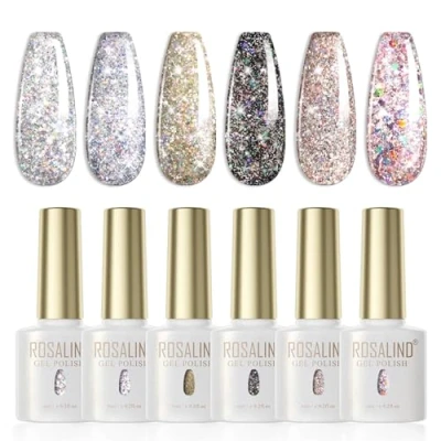 Afbeelding van ROSALIND UV Nagellak Glitterverf, 6 Kleuren Glitter Reflechissant Sparkling Schellak Grijs Zwart Soak Nagel Gel Polish Sparkly Shiny French Manicure