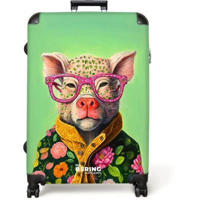 Afbeelding van NoBoringSuitcases.com® Koffer groot Reiskoffer lichtgewicht Bril Roze Varken Bloemen Dier Rolkoffer met 4 wielen Grote trolley XL 98 liter bagage