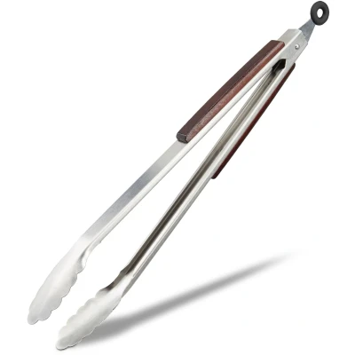 Afbeelding van Relaxdays 3x keukentang rvs bbq tang houten handvat serveertang grilltang 38 cm