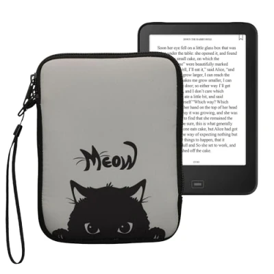 Afbeelding van kwmobile Universele Cover voor eReader Neopreen hoesje Kat Meow design grijs / zwart 17 x 12 2 cm