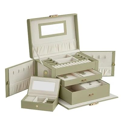 Afbeelding van SONGMICS Sieradendoosje 3 niveaus, sieradendoos, 2 laden, draagbare mini box voor reizen, met handvat, afsluitbaar, cadeau idee, PU bekleding in lauriergroen, binnenvoering crèmewit, JBC121C02