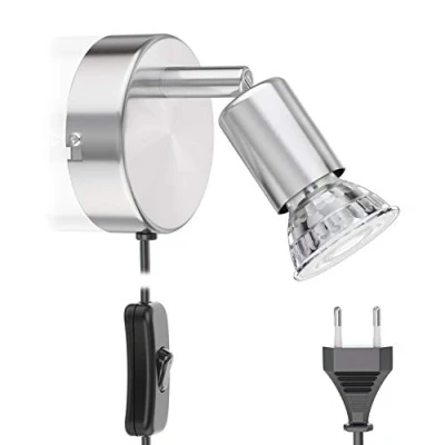 Afbeelding van ledscom.de Leeslamp Bedlamp LUNARA, schakelaar, stekker, roestvrij staal, mat chroom, incl. LED GU10 lamp (warm wit, 5,4W, 510lm, 50)