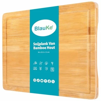 Afbeelding van Bamboe Snijplank met Groef voor Vloeistoffen en Handvatten (38 x 25cm) Grote van Hout Vlees, Kaas Groenten Dienblad Profesionele Houten Beste Cadeau BlauKe