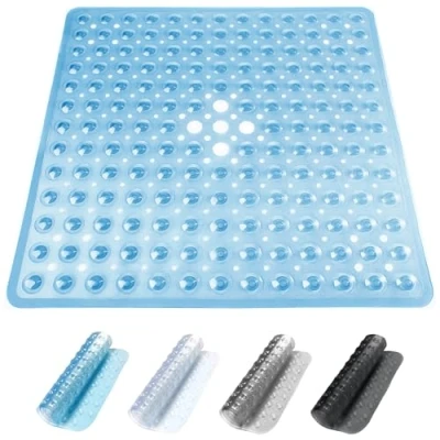 Afbeelding van ADOV Douchemat, 53x53cm Antislip Huidvriendelijk Badmat met Zuignappen, Schimmelbestendig Badkamermat Afvoergaten, Machinewasbaar Antibacteriële Rubberen Douchematten voor Kinderen Ouderen Blauw
