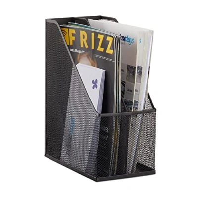 Afbeelding van Relaxdays tijdschriftenhouder, 2 vakken, A4 C4, metaal, gaas, tijdschriftencassette, sorteerbak, zwart