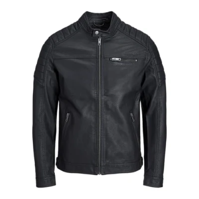 Afbeelding van Heren JACK &amp; JONES Kunstleren Jas Biker Blouson Bomberjacke JJEROCKY Design Coat Overgangsjas, Colour:Black 2, Size:S