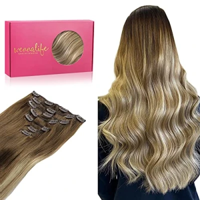 Afbeelding van WENNALIFE clip in extensies, echt haar, 40 cm, 120 g, 7 stuks, ombré walnootbruin tot asbruin en gebleekt blond, Remy verlenging, natuurlijk haar