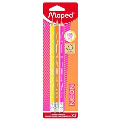 Afbeelding van Maped 3 grafietpotloden HB2 neon FSC HB papierpotloden met gompunt ergonomische driehoekige vorm robuuste vulling