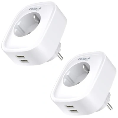Afbeelding van GHome Smart met USB 16 A, wifi stopcontact stroomverbruik meten, app afstandsbediening, werkt Alexa, Google Assistant, spraakbesturing en timer, verpakking van 2, wit