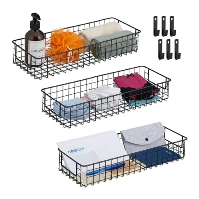 Afbeelding van Relaxdays draadmand set van 3, muur, opbergmand, HxBxD: 7,5 x 41 16 cm, metalen mand, handgrepen, badkamermand, zwart