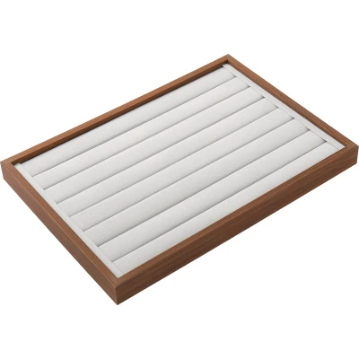 Afbeelding van Fliex sieradendoos luxe donkerbruin hout lichtgrijs velours walnoot bruin 7 rijen