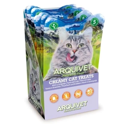 Afbeelding van Arquivet Creamy Cat Treats Romige Snack met Tonijn en Krab (12 zakjes 5 x 14 g) voor katten