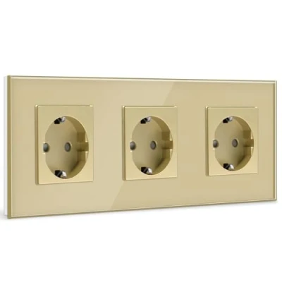 Afbeelding van BSEED Schuko Stopcontact 3 Voudig Kristalglasplaat Glas Drievoudig 16Amp 228 mm Goud Verlengingsstopcontacten Wandstopcontact