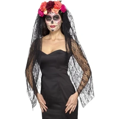 Afbeelding van Luxe horror haarband/diadeem day of the dead met bloemen en sluier Verkleedhoofddeksels