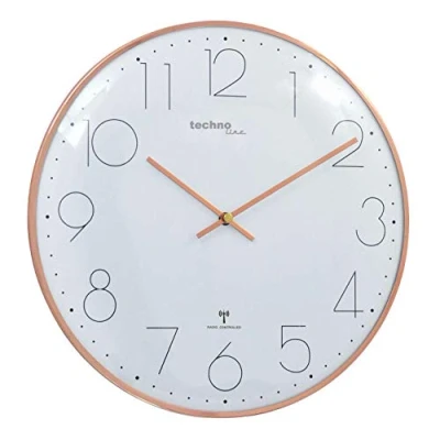 Afbeelding van Moderne filigrane radiografisch bestuurbare wandklok met gebogen glazen kap en zeer heldere wijzerplaat, van Technoline, Ø 35 cm, roségoud, WT 8235 x 2,5 cm
