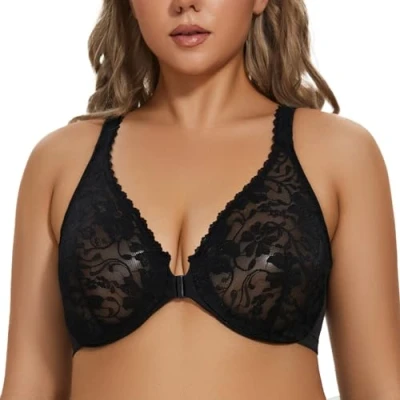 Afbeelding van MELENECA Women&#039;s voorsluiting grote maat racerback stretch kanten beugelbeha Zwart 105E