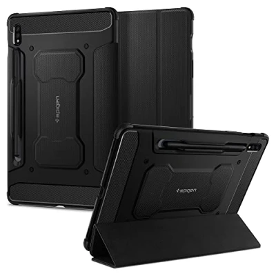Afbeelding van Samsung Galaxy Tab S7 Hoes: Spigen Rugged Armor Pro Bookcase Shockproof/Valbescherming Zwart Kunstleder Tablet Hoezen