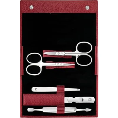 Afbeelding van ZWILLING Manicureset 5 delig voor nagelverzorging en pedicure van rundleer met drukknop, rood