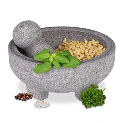 Afbeelding van Relaxdays stamper met vijzel, ongepolijst graniet, HxØ: 8x13 cm, kruidenpletter mortier, natuursteen, wit grijs