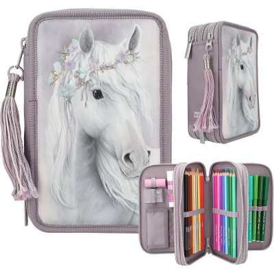 Afbeelding van Depesche 13126 Miss Melody Fantasy Horse Gevulde 3 vaks etui in lichtpaars, met paardenmotief en glitters, kleurpotloden, liniaal, schaar nog veel meer.