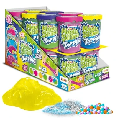 Afbeelding van CRAZE Magic Slime Topping, 16 blikjes slijm voor kinderen, elke doos bevat 70 ml en twee toppings, slijmkleuren willekeurige gesorteerd