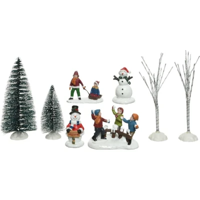 Afbeelding van 8x stuks kerstdorp accessoires figuurtjes/poppetjes en kerstboompje Kerstdorpen