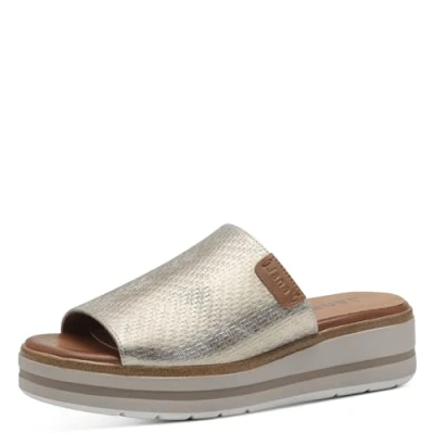 Afbeelding van Jana Softline 8 27272 42 938 Gold Comb Slippers voor dames, comfortabele extra brede alledaagse schoen, feestelijk, elegant, platte sandalen, 36 EU breed, Gouden kam, Breed