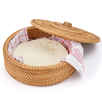 Afbeelding van Tortillada 26 cm tortilla warmer/tortilla warmermand handgemaakt van rotan incl. theedoek katoen