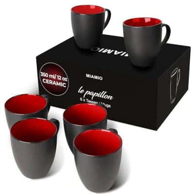 Afbeelding van MIAMIO 6 x 350 ml aardewerk koffiemokken/beker set zwarte buitenkant kleurrijke binnenkant (Rood)