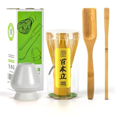 Afbeelding van TEANAGOO Japanse Matcha Ceremonie Accessoire, garde (Chasen), traditionele lepel (Chashaku), theelepel, matwitte gardehouder,I3, de perfecte set om een traditioneel kopje