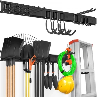 Afbeelding van VEVOR Garage Tool Organizer, 600 lbs Max Draagvermogen, Wandmontage Yard Tuin Opbergrek Organisatie Heavy Duty met 10 Verstelbare Haken en 4 Rails, voor Tuingereedschap, Schoppen, Trimmers Slangen