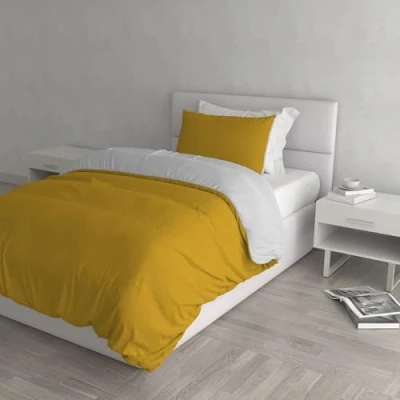 Afbeelding van Italian Bed Linen Natuurlijke Kleur Dekbedovertrek Set met Doubleface Effen Tas Sheet en Kussensloop, 100% Katoen, Mosterd/Lichtgrijs, enkel