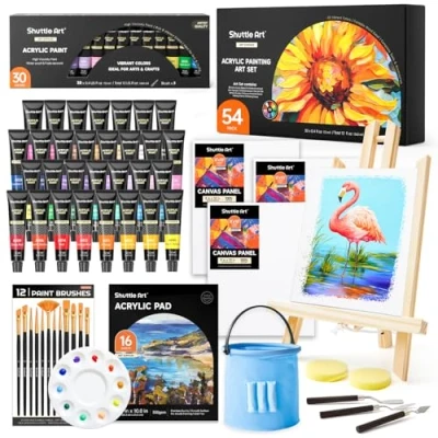 Afbeelding van Shuttle Art 54 pack acrylverfset, acrylschilderset met 30 kleuren acrylverf, houten ezel, schilderdoek, verfborstels, palet, kunstschilderbenodigdheden voor kinderen en volwassenen, beginnende