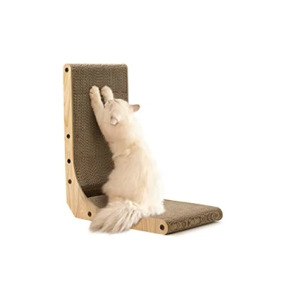 Afbeelding van FUKUMARU Krabplank voor katten, 47 cm hoog, L vormig krabkarton duurzaam kattenkrabbord met balspeelgoed, kattenkrabmeubels van hoogwaardig karton muur en hoek, middelgroot…