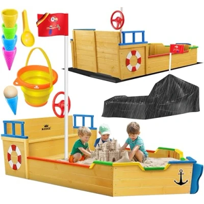 Afbeelding van Kidiz® Ahoi Zandbak, piratenschip, boot, zeilschip, van hout, incl. afdekking, grondzeil, zitbank, vlaggenmast, antraciet