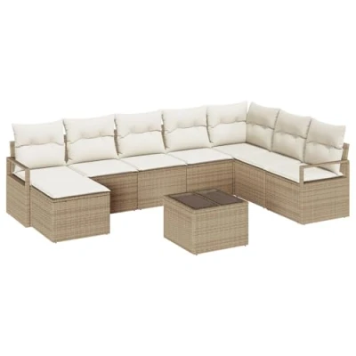 Afbeelding van vidaXL 9 delige Tuin Sofa Set met Kussens Bruin Poly Rattan, 2 Zits Beige Rattan