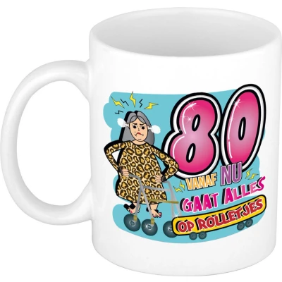 Afbeelding van Bellatio Decorations Cadeau / Verjaardag mok 80 jaar vrouw rollator keramiek vrouwen cadeautjes feest mokken