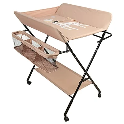 Afbeelding van Verschoontafel Baby Opvouwbaar en Draagbaar, in Hoogte Verstelbaar, Luiertafel commode met 4 Wielen, Verzorgingstafel Giraffe Patroon (Roze)