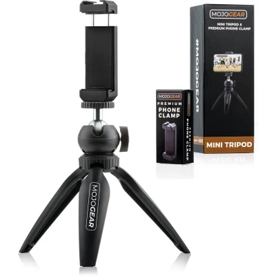 Afbeelding van MOJOGEAR Mini statief Vlog KIT: Tripod &amp; telefoonhouder voor Smartphone en Camera met Cold Shoe Mount Maximale werkhoogte 20cm Telefoon geschikt o.a. streaming, webcam, macro fotografie Zwart