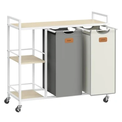 Afbeelding van VASAGLE Wasmand, 2 vakken, wasmand 100 l, bak, wieltjes, trolley met planken, tas, afneembare zakken, 6 etiketten, natuurlijk beige, duifgrijs en crèmewit BLH311G01