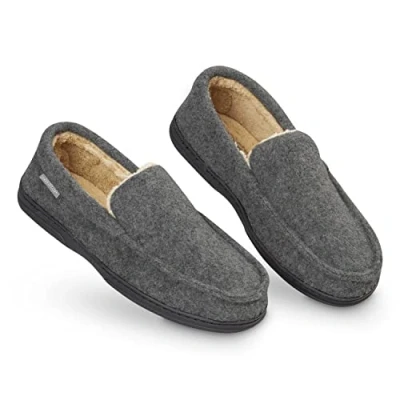 Afbeelding van Dunlop Mocassins, slippers voor heren, nepbont, met rubberen zool en traagschuim, huisslippers, binnenschoenen, geschenk houtskool, 44 EU