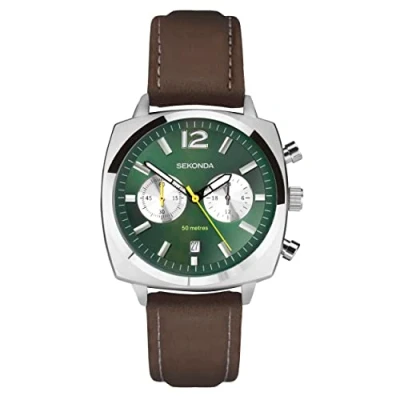 Afbeelding van Sekonda Airborne Heren 40mm Quartz Horloge met Analoog Display en Lederen Band, Groen, 30029 AMZUK