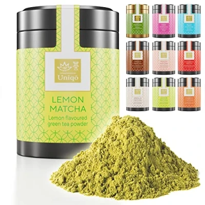 Afbeelding van Tea Uniqo Citroen Matcha theepoeder, ideaal om te drinken, voor ijs, latte, shakes, bakken of koken, Japans groene theepoeder met citroensmaak, zonder kunstmatige kleurstoffen, in luxe doos